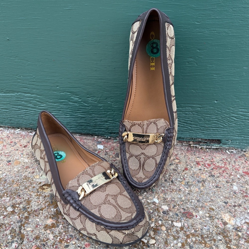 Coach Olive Signature Jacquard Leather Trim Loafers Brown Khaki Logo Gold Size 8 - Picture 3 of 6